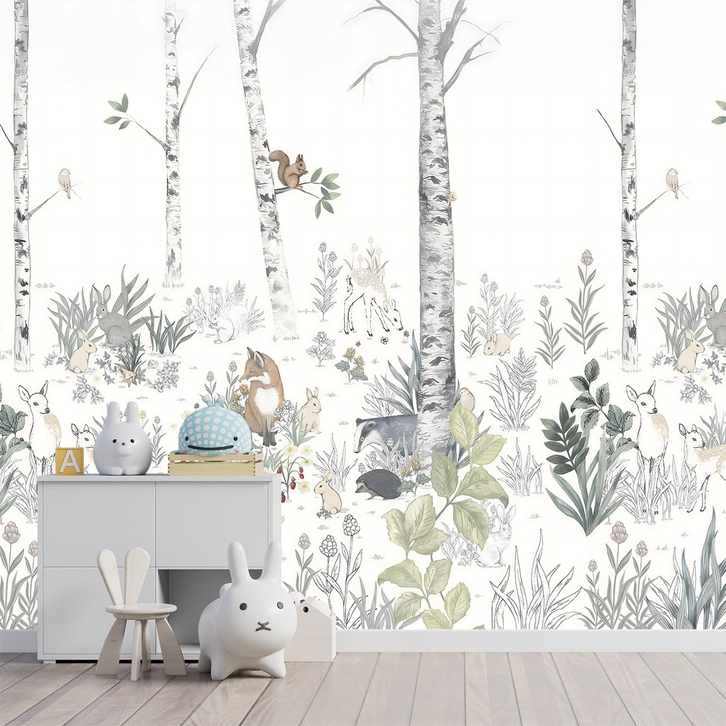 -Nursery Cartoon Woods Hand-Painted Animal Wallpaper Children's Room XT10 S 100" x 65"