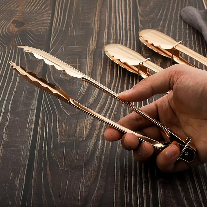 MSY BIGSUNNY 9 Inch Kitchen Food Tongs for Cooking and Serving- Aluminum - Set of 3 (gold-plated)