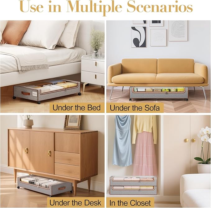 Yecaye Under Bed Storage with Wheels, 4 Pack Under Bed Storage Containers with Clear Lids & Label, XXL Large Lapacity Rolling Under Bed Drawers for Clothes, Shoes, Blankets