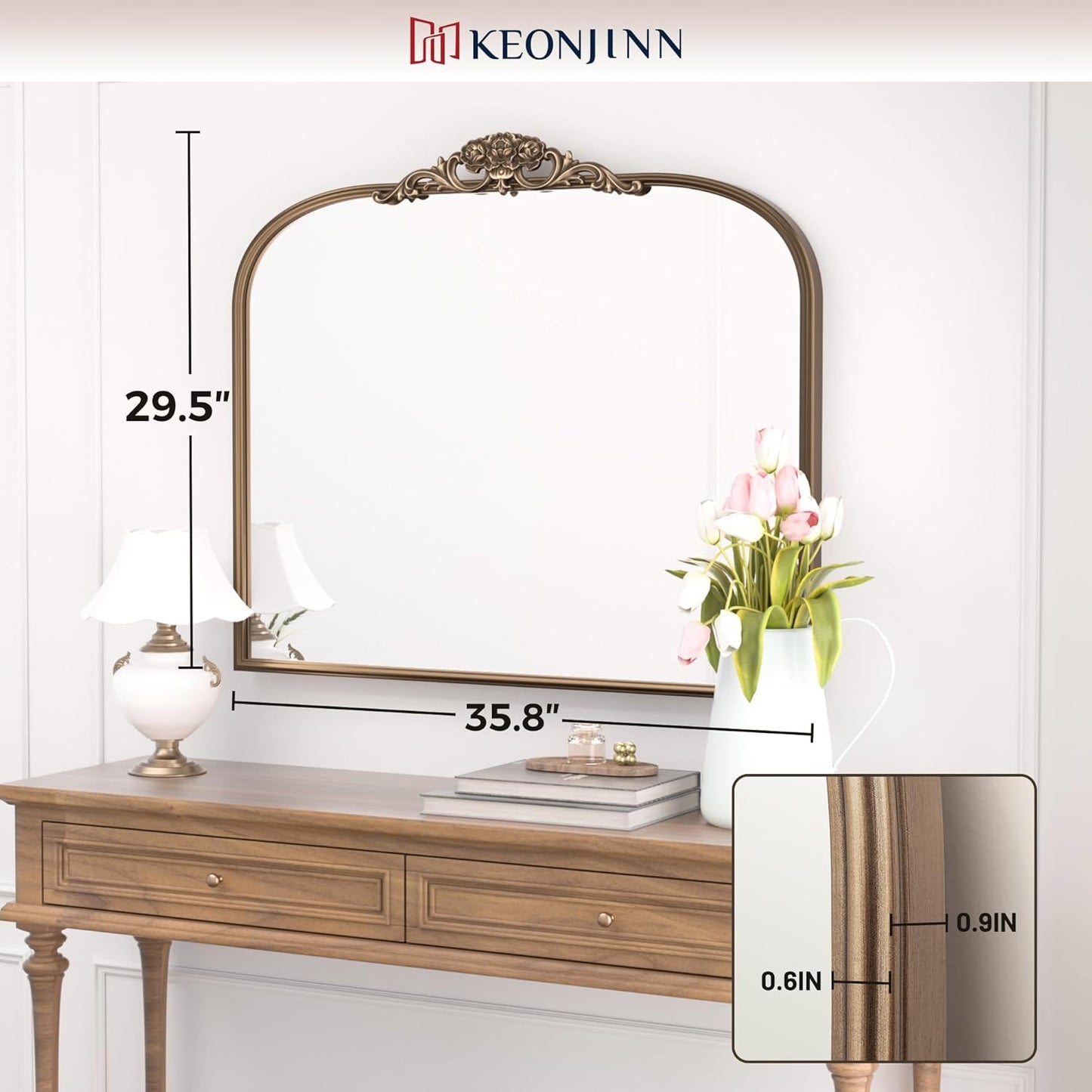 Keonjinn Gold Vintage Mirror for Wall, 36" x 30" Antique Arched Mirrors with Metal Frame, Baroque Style Decoration for Mantle, Bathroom, Living Room, Fireplace, Bedroom, French Cleat Mounting