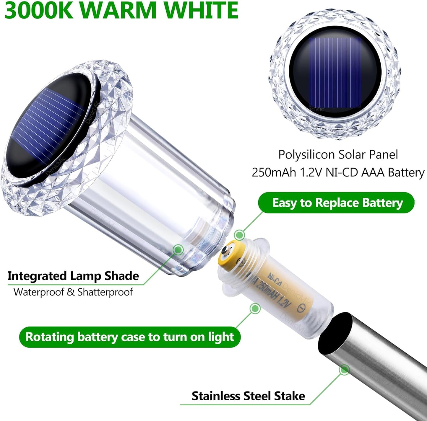 DenicMic Solar Lights Outdoor 15 Pack Waterproof 3000K Warm White LED Acrylic lamp Head Stainless Steel Stake for Landscape Lighting Path Walkway Sidewalk Backyard Patio Decor