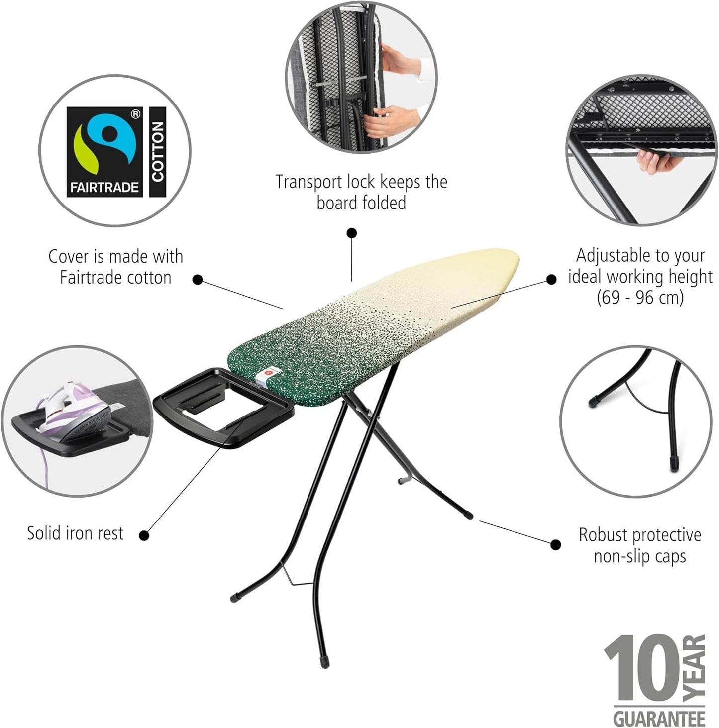 Brabantia - Ironing Board B – Solid Steam Iron Rest – Adjustable Height – Non-Slip Rubber Feet – 100% Fairtrade Cotton Cover with Foam Padding – Foldable – New Dawn – Size B (49 x 15 in)