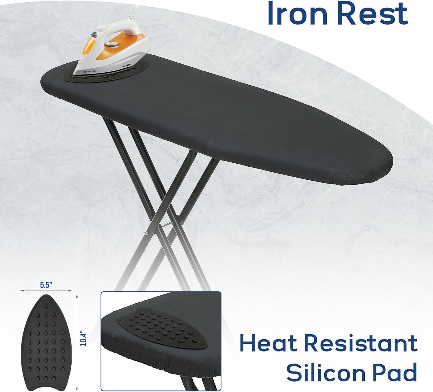 Ironing Board 43x13 with Iron Rest, RAINHOL Compact Iron Board Full Size with Thick Cover and Pad, Easy Storage Hanger with Heat-Resistant Silicone Pad, Space Saving and Height Adjustable, Black