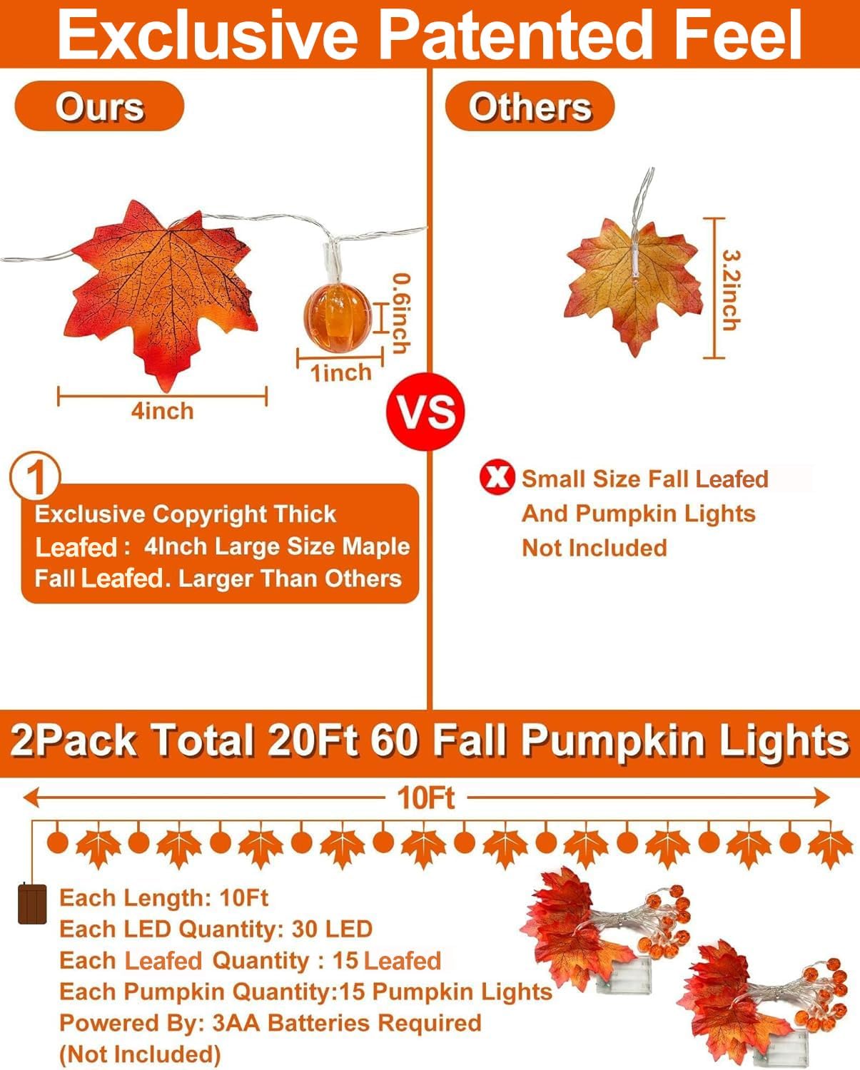 2 Pack Fall Garland with Pumpkin Lights Halloween Decorations Indoor 60 LED 20 Ft Enlarged Maples Leaves Fall Lights Battery Operated Halloween Garland Thanksgiving Decor Home Indoor Outdoor Christmas