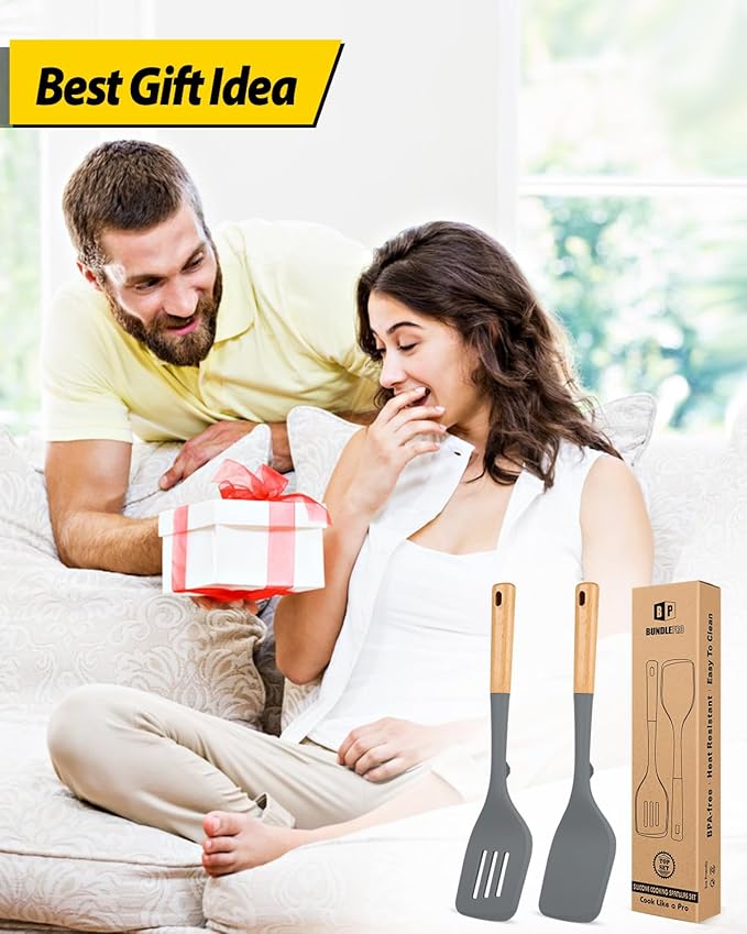 Pack of 2 Large Silicone Spatula, Heat Resistant Solid Turner, Non Stick Slotted Spatulas with Wooden Handle, Ideal Kitchen Utensils for Flipping, Pancakes, Eggs, Fish(GRAY)