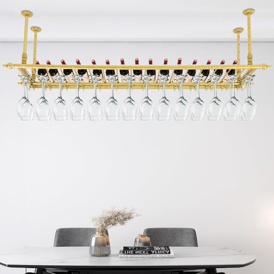 Hanging Wine Rack 59" Wall Mounted Wine Glass Rack Ceiling Adjustable Hanging Bar Glass Holder Shelves for Kitchen Bar Restaurants Industrial Iron Storage Shelf