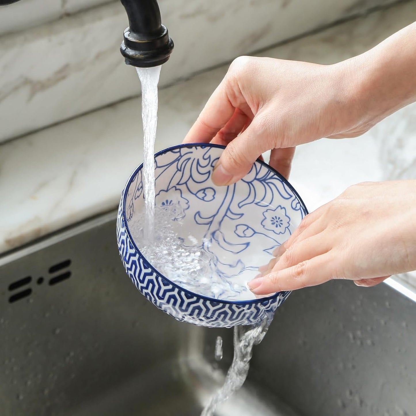 Selamica Ceramic 12 OZ Dessert Bowls Set, Ice Cream Bowls, 4.7 Inch Small Bowls for Snack, Side Dishes, Rice, Microwave Dishwasher Safe, Set of 6, Vintage Blue