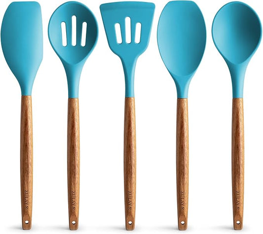 Zulay Kitchen Non-Stick Cooking Utensils Set with Authentic Acacia Wood Handles – 5-Piece Durable & Stylish Silicone Kitchen Utensils Set – Heat Resistant to 464°F – Blue