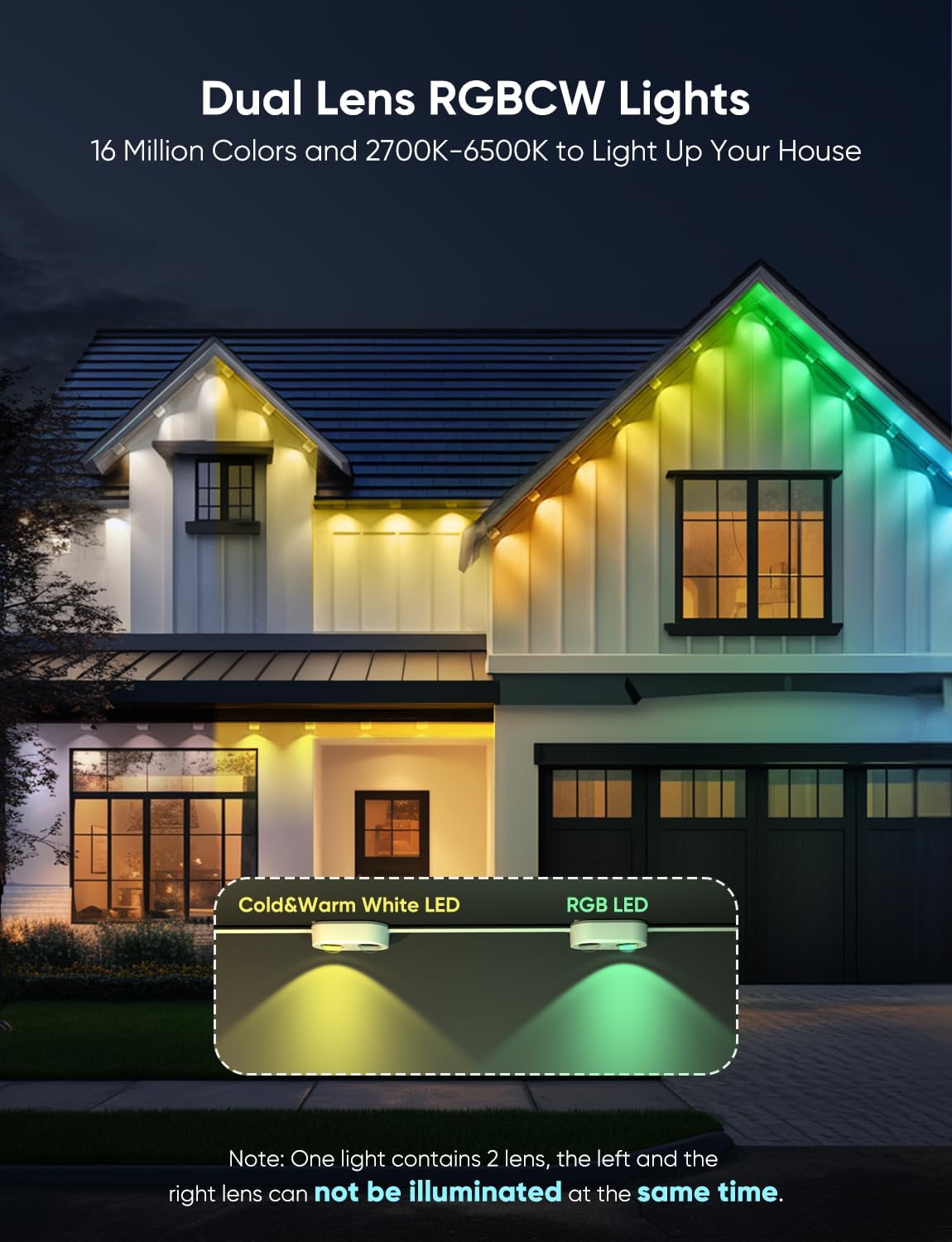 Permanent Outdoor Lights Pro 100ft, RGBCW Smart Eaves Lights with 72 LED Lights, Dual Lens, Cuttable, 111 Scene Modes, IP67 Waterproof Lighting for Holiday Decoration, Work with Alexa, White