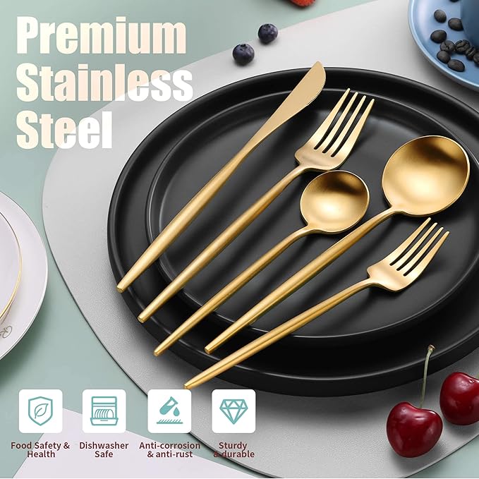 Matte Gold Silverware Set for 8,Modern Stainless Steel Brushed Cutlery Set,40-Pieces Heavy Duty Flatware Set,Knives Spoons and Forks Set Utensils Set,Satin Finish,Dishwasher Safe