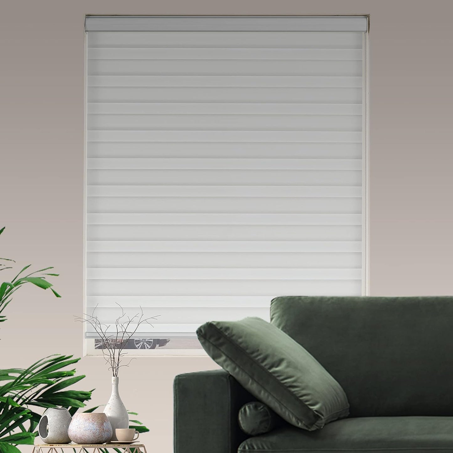 Zebra Roller Shades, Dual Layer Roll Up Blind for Living Room, Semi Sheer Shades Window Privacy Light Control for Day and Night, (Maximum Height 72inch, White Color, Width 27 inch)