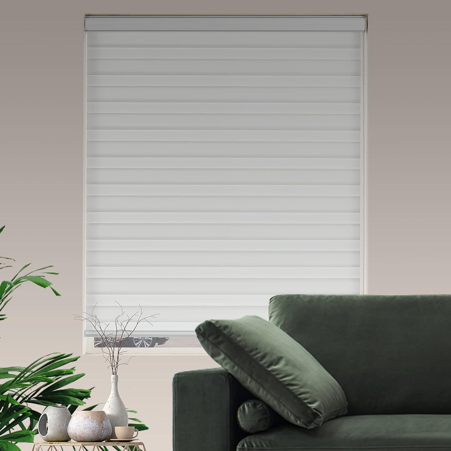 Zebra Blinds for Windows Dual Layer Light Filtering Privacy Free-Stop Sheer Shades Light Control for Indoor Windows Zebra Shades for Living Room(75" W X 72" H, White)