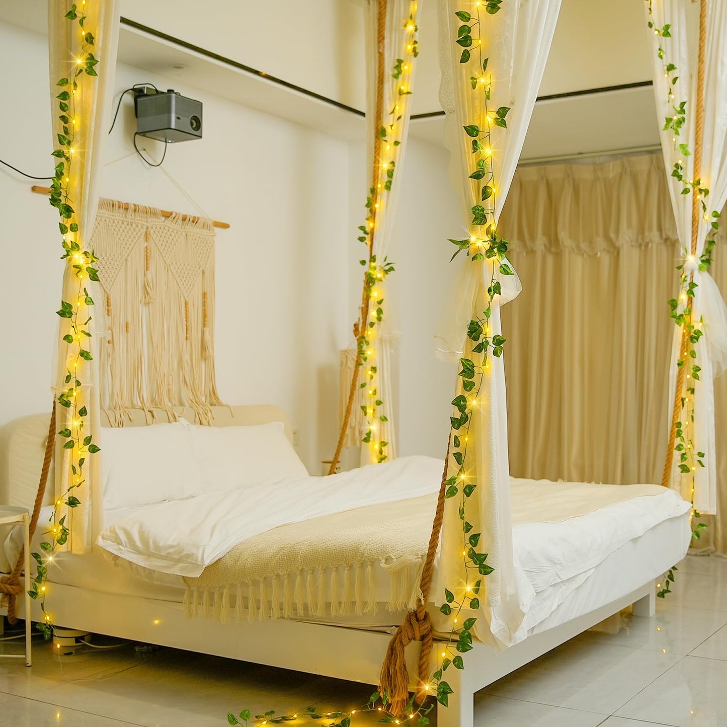 JMEXSUSS 33Ft Vines with Lights Battery Operated, 100 LED Pothos Leaf Vine Lights for Bedroom Wall Room Party Wedding Decoration (Warm White)