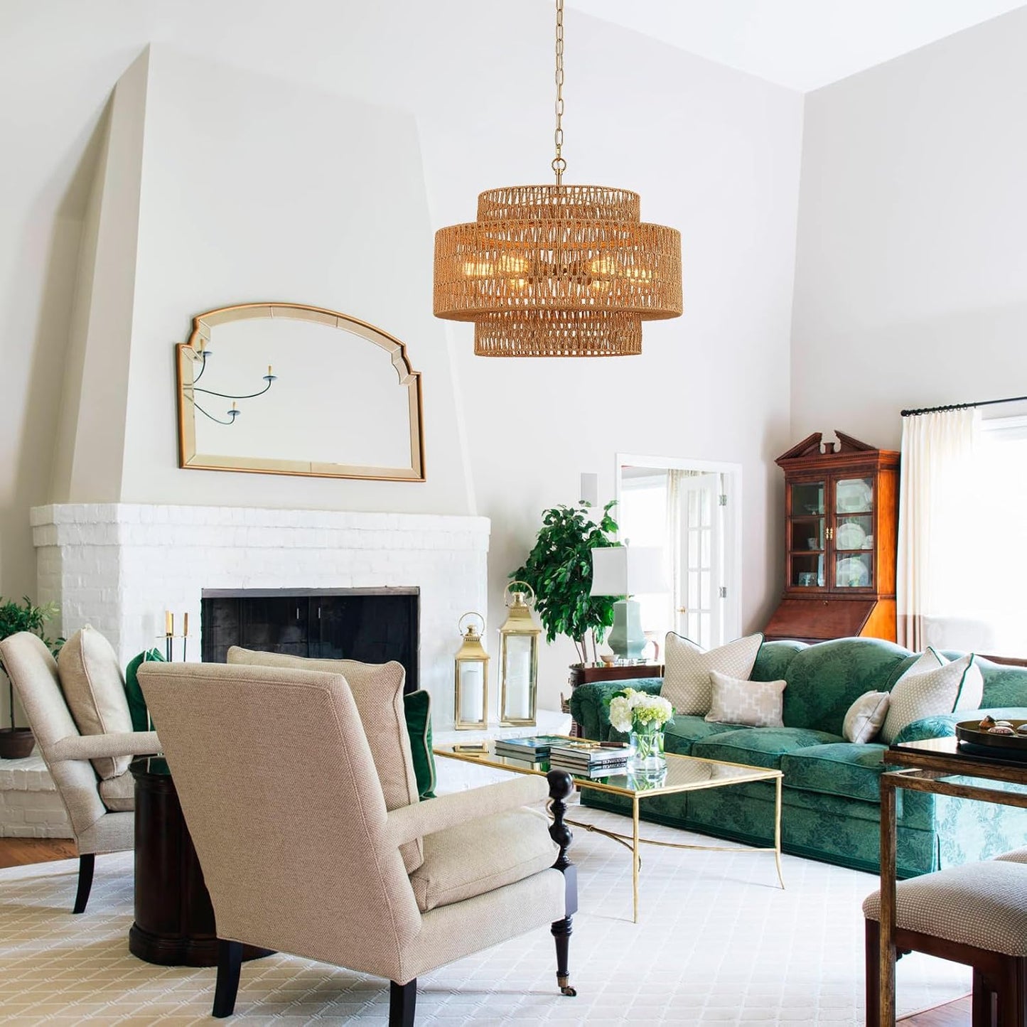 Hand-Woven Rattan Chandelier Vintage Farmhouse 6-Lights Boho Bamboo Chandelier Light Fixture 23.6" Retro 3-Tier Drum Wicker Rattan Golden Chandeliers for Dining Room, Kitchen, Living Room