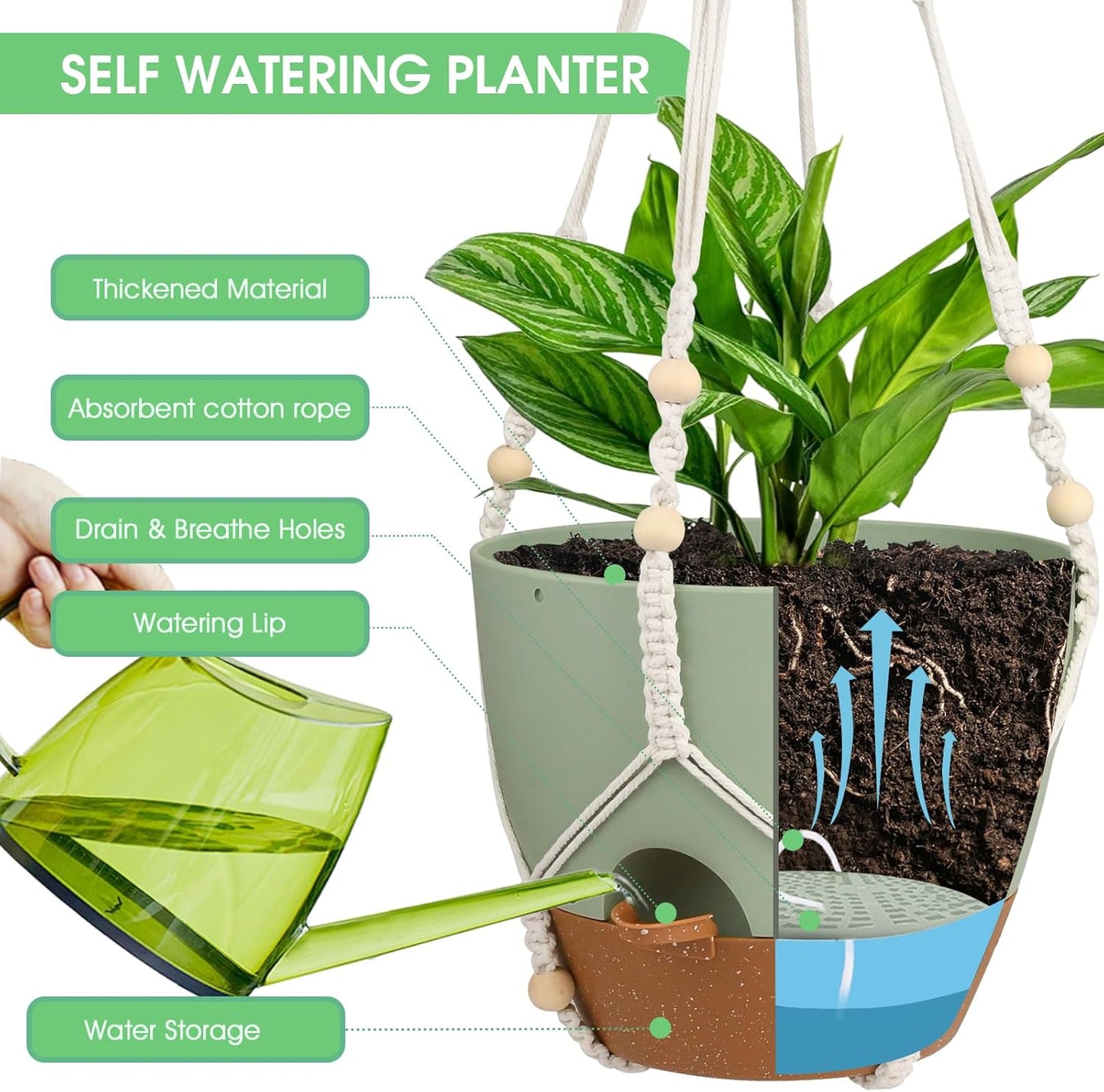 Hanging Planters for Indoor Outdoor Plants, 2 Pack Self Watering Hanging Pot with Drainage Holes, Removable Tray & 2 Kinds of Plant Hangers, 10'' Hanging Flower Pots for Home Garden Decor, Green