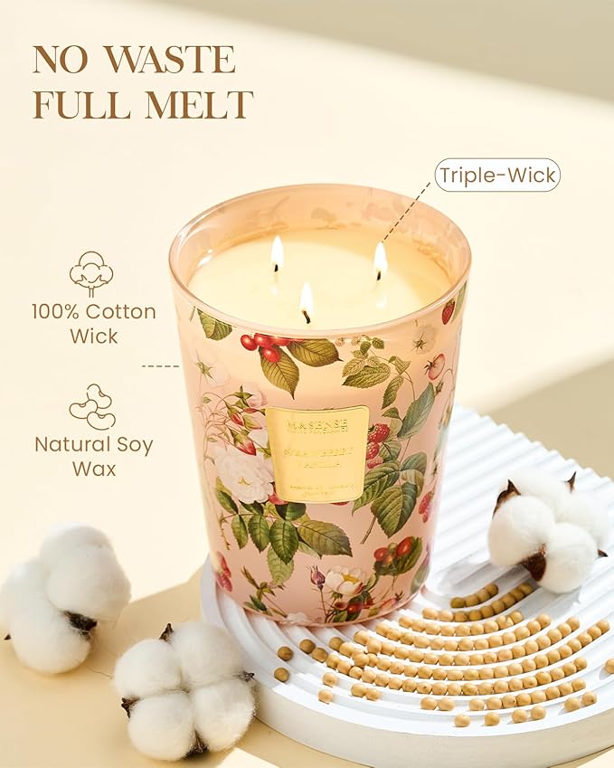 M&SENSE Extra Large Candle Strawberry Vanilla Scented, 3-Wick 35oz 150H Long Lasting, Natural Soy Wax Aromatherapy Candle for Stress Relief, Gifts for Home Decor