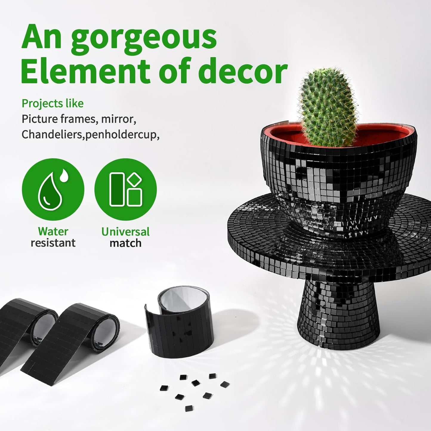 LONGKING 3776 Pieces Self-Adhesive Mirror Tiles, Square Mirror Stickers Mosaic Tiles, Glass DIY Craft Decoration, Disco Ball Tiles(Black)