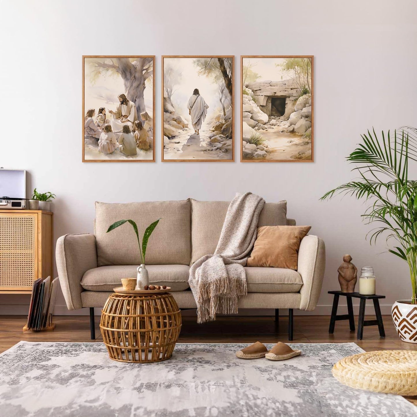 Aurlan Jesus Teaching Children Jesus on Path Framed Empty Tomb Bible Stories Wall Art(16"x24"), 3PCS Boho Christian Easter Scripture Gifts Canvas Artwork, Large Spiritual Religious Faith Decor Prints for Office Home