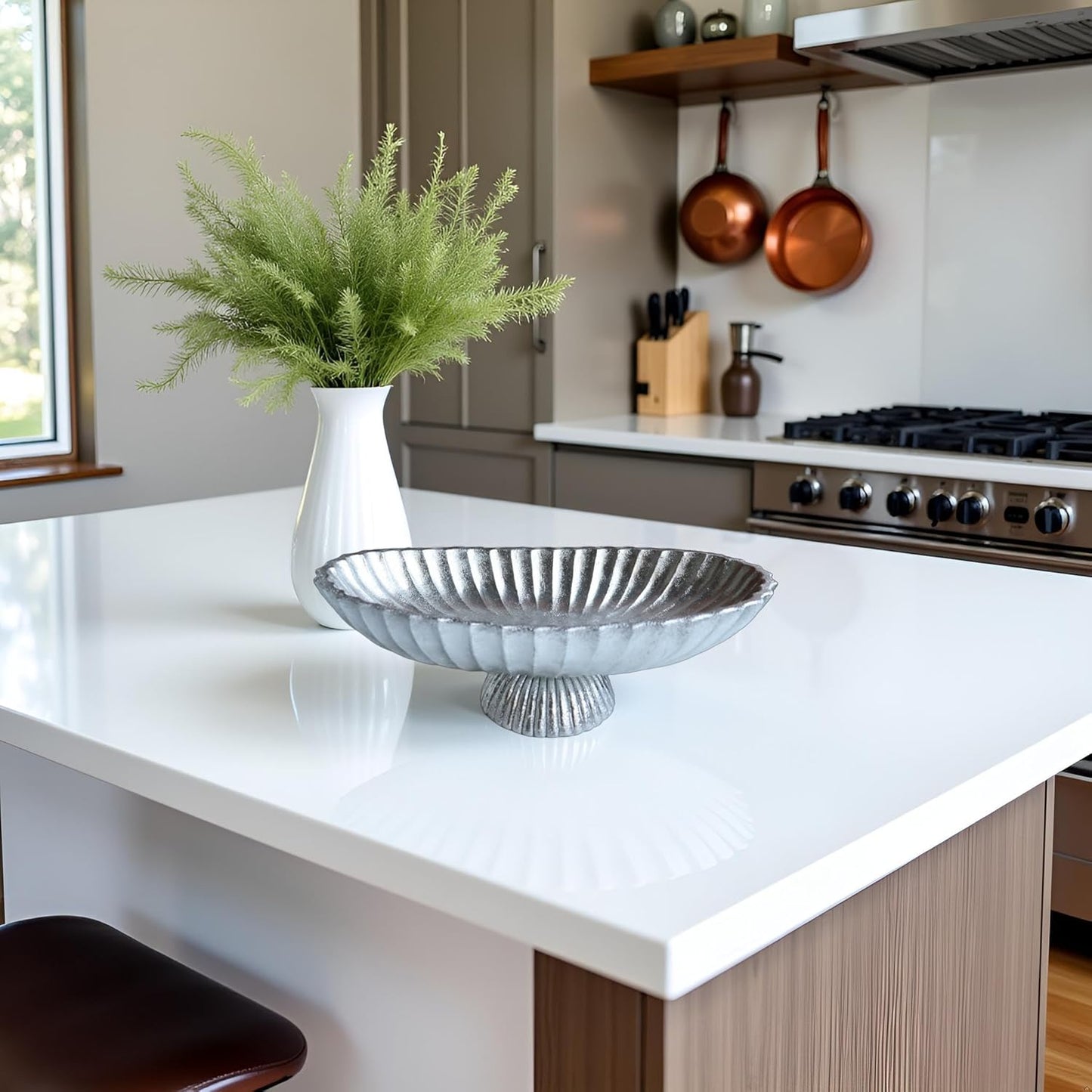 14.5" Large Decorative Long Bowl - Silvery Fluted Scalloped Decorative Bowls for Home Decor - Ruffle Decor,Stylish Key Bowl for Entry Table,Decorative Fruit Bowls for Kitchen Counter ﻿