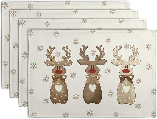 Christmas Reindeer Snowflakes Placemats Set of 4 Xmas Cute Elk Deer Place Mats 12x18 Seasonal Winter Holiday Farmhouse Linen Table Mats for Party Kitchen Dining Outdoor Indoor Decor