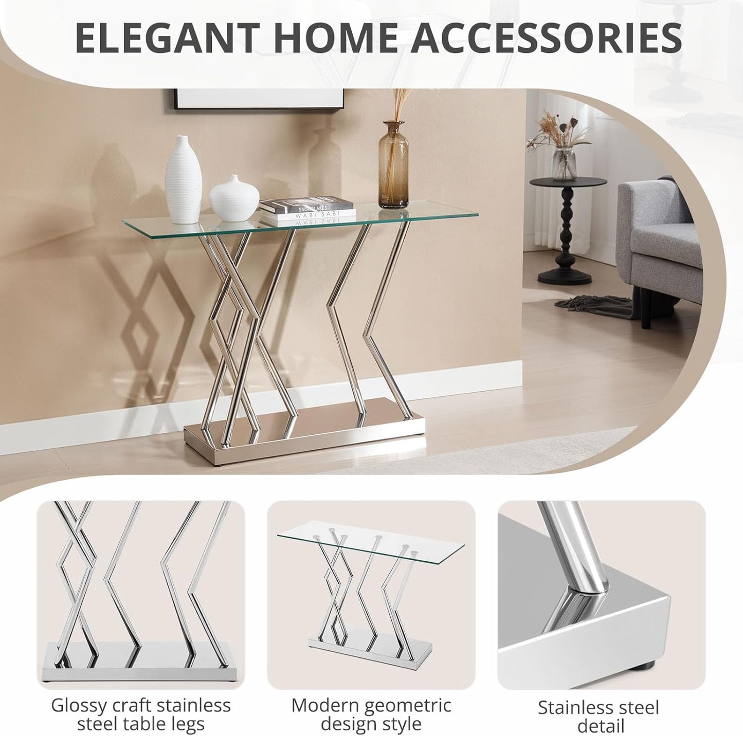 43.3" Glass Modern Console Table, Sturdy Silver Entryway Table with Stainless Steel Base, Rustic Entrance Table, Minimalist Narrow Tables for Living Room & Office