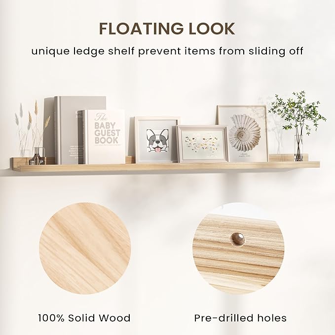 Floating Shelves for Wall, Picture Ledge Shelf 55 Inch Solid Wood Set of 2, Rustic Wall Shelves with Lip, Kids Bookshelf, Photo & Picture Live Edge Floating Shelves for Bedroom, Living Room, Kitchen