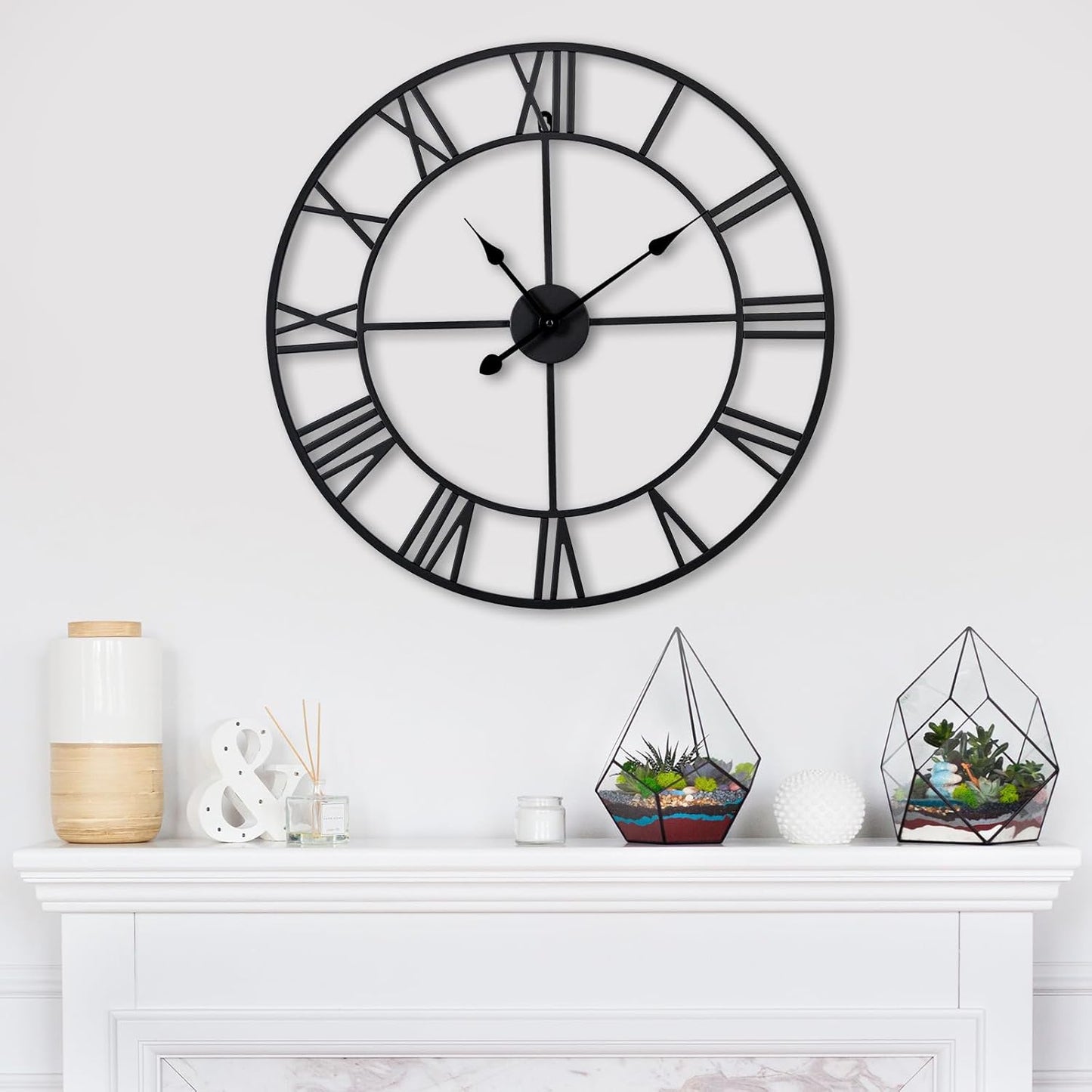 Large Wall Clock for Living Room Decor – 24 Inch Silent Non-Ticking Modern Farmhouse Wall Clock, Oversized Decorative Metal Roman Numeral Clock, Black