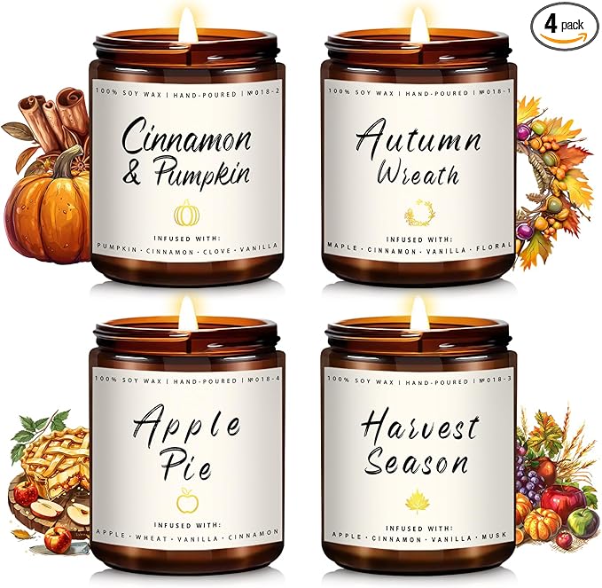 Auelife Fall Candle Set | 4 Pack Scented Candles for Home - Candle Gifts for Women Men, Soy Candles Home Scented | Autumn Fragrance of - Apple Pie/Cinnamon/Harvest/Wreath