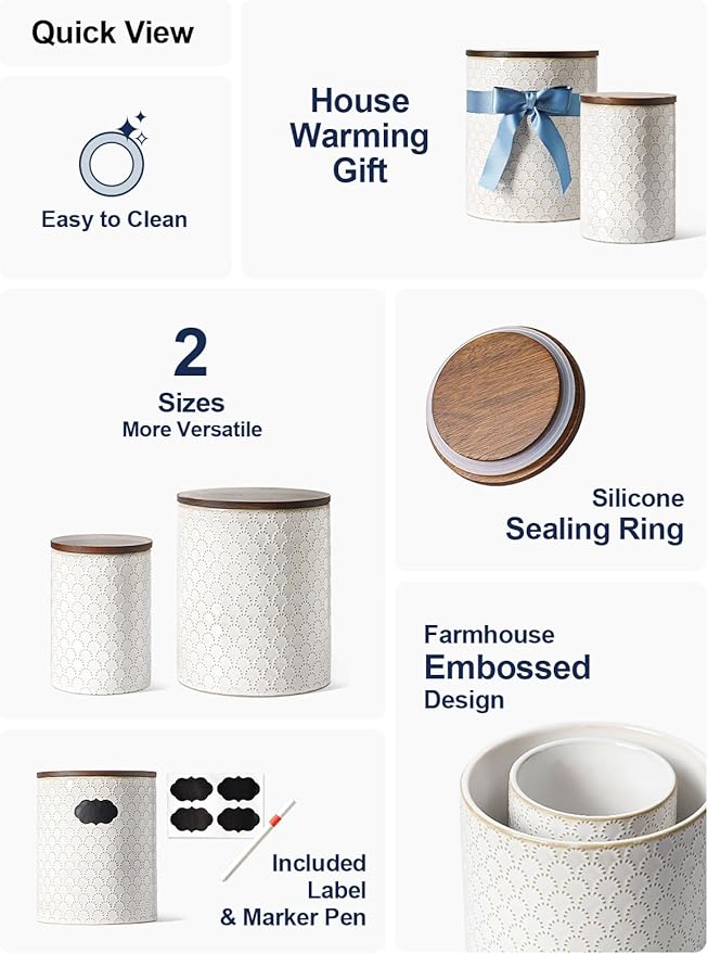 LE TAUCI Food Storage Containers with Airtight Lids, 78/25 oz Ceramic Sugar Canisters Sets, Embossed Large Jars for Pasta, Oats, Coffee Bean, Cookies, Rice, Grains, Tea - Set of 2, Fireworks