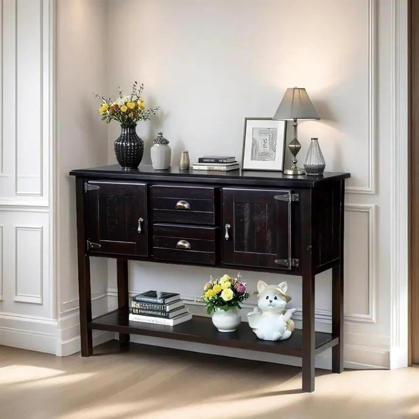 Solid Wood Farmhouse Console Table,Sofa Table with Storage Drawers and Shelves,Entryway Table for Entry Hallway Foyer Sofa Side Table,Fully Assembled(48" Espresso)