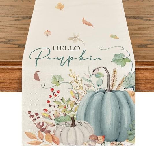 Artoid Mode Aqua Hello Pumpkin Leaves Fall Table Runner, Seasonal Autumn Kitchen Dining Table Decoration for Home Party Decor 13x48 Inch