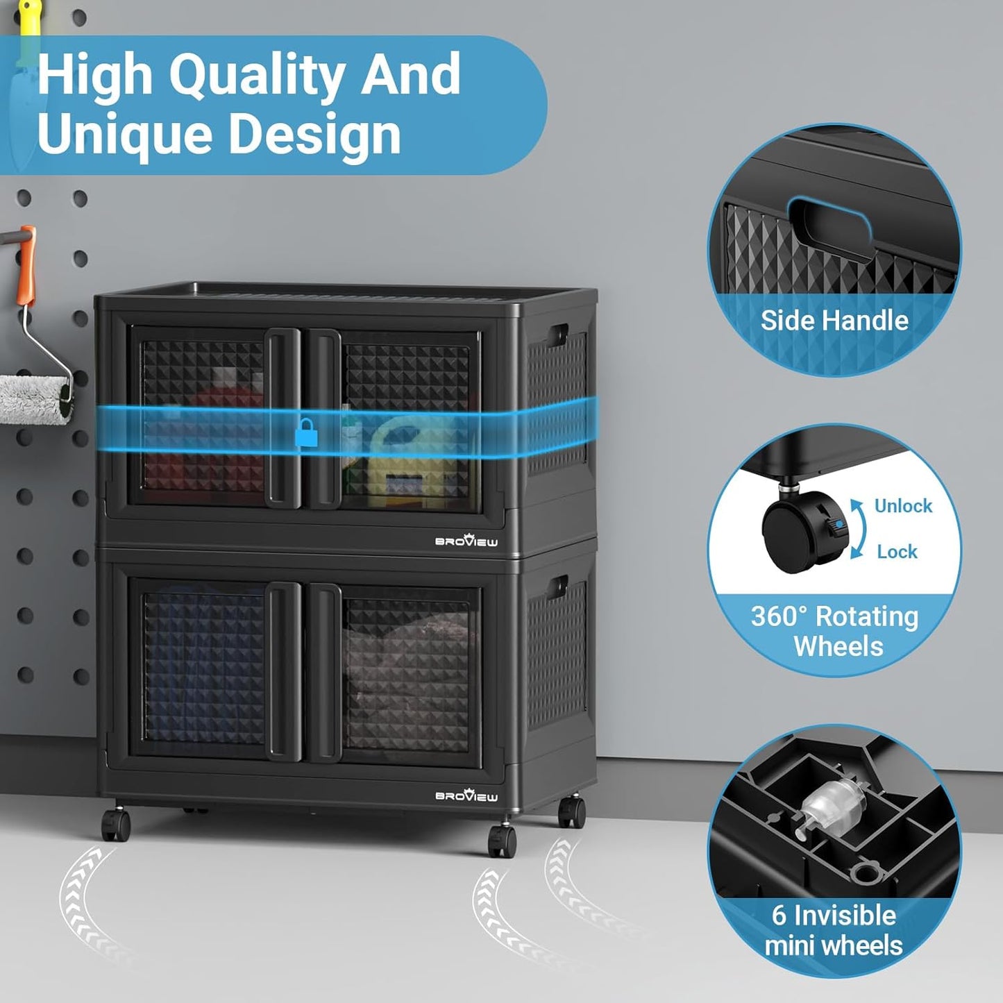 400Qt Stackable Storage Bins with Lids, 100Gal Closet Organizers and Storage Drawer, Plastic Collapsible Storage Bins with Doors, Heavy Duty Store Box Cabinet for Home Kitchen, 4Pack Black