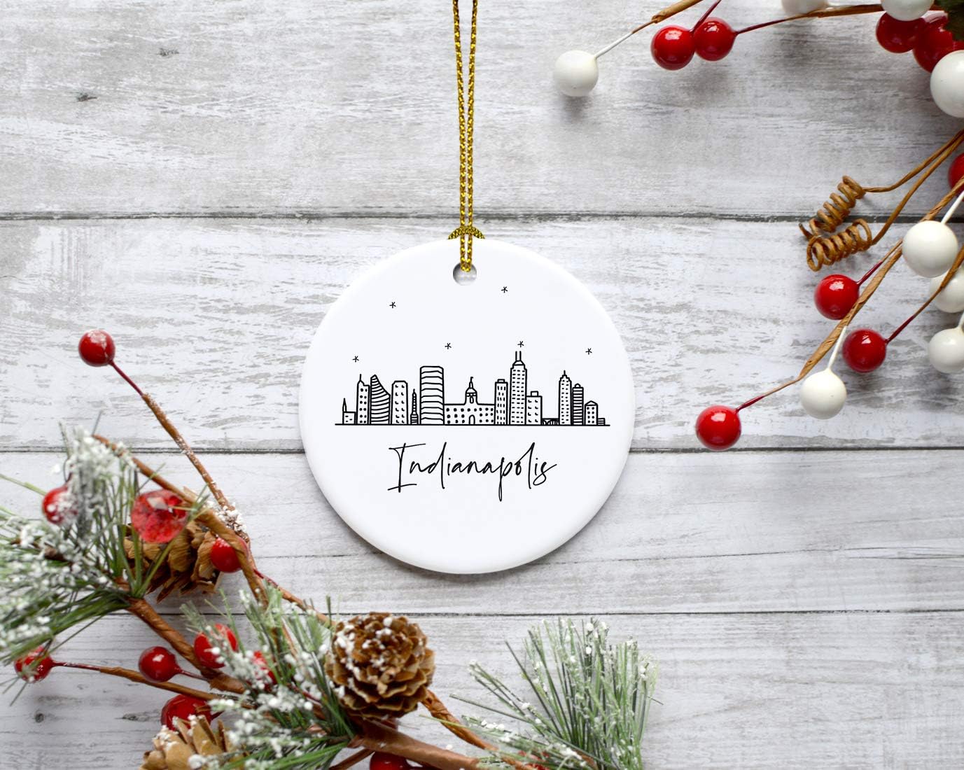 Andaz Press Round Ceramic Porcelain Christmas Tree Ornament Keepsake Gift, Indianapolis, Black and White Stars City Skyline Graphic, 1-Pack, Birthday Ideas Family Coworker Him Her, Includes Gift Box