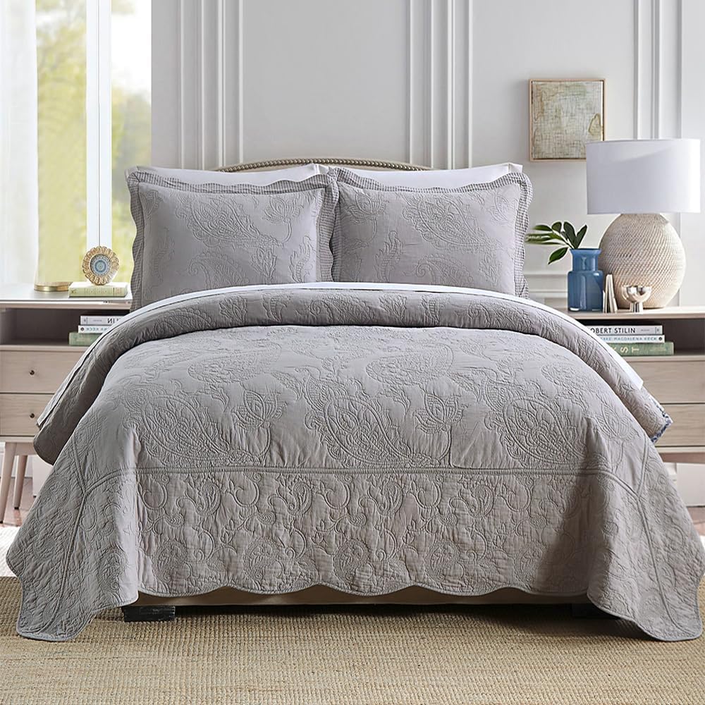 Cotton Bedspread Quilt Sets, Real Patchwork Bedding Sets with Luxury Floral Paisley Pattern, 3 Pieces Reversible Soft Lightweight Coverlet for All Season, Grey, King Size