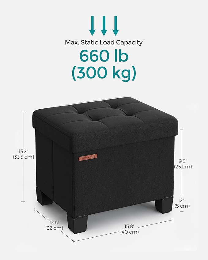 SONGMICS Storage Ottoman, Small Ottoman Foot Rest with Legs, 12.6 x 15.8 x 13.2 Inches Foot Stool, Load up to 660 lb, for Living Room, Bedroom, Dorm, Ink Black ULSF012B01
