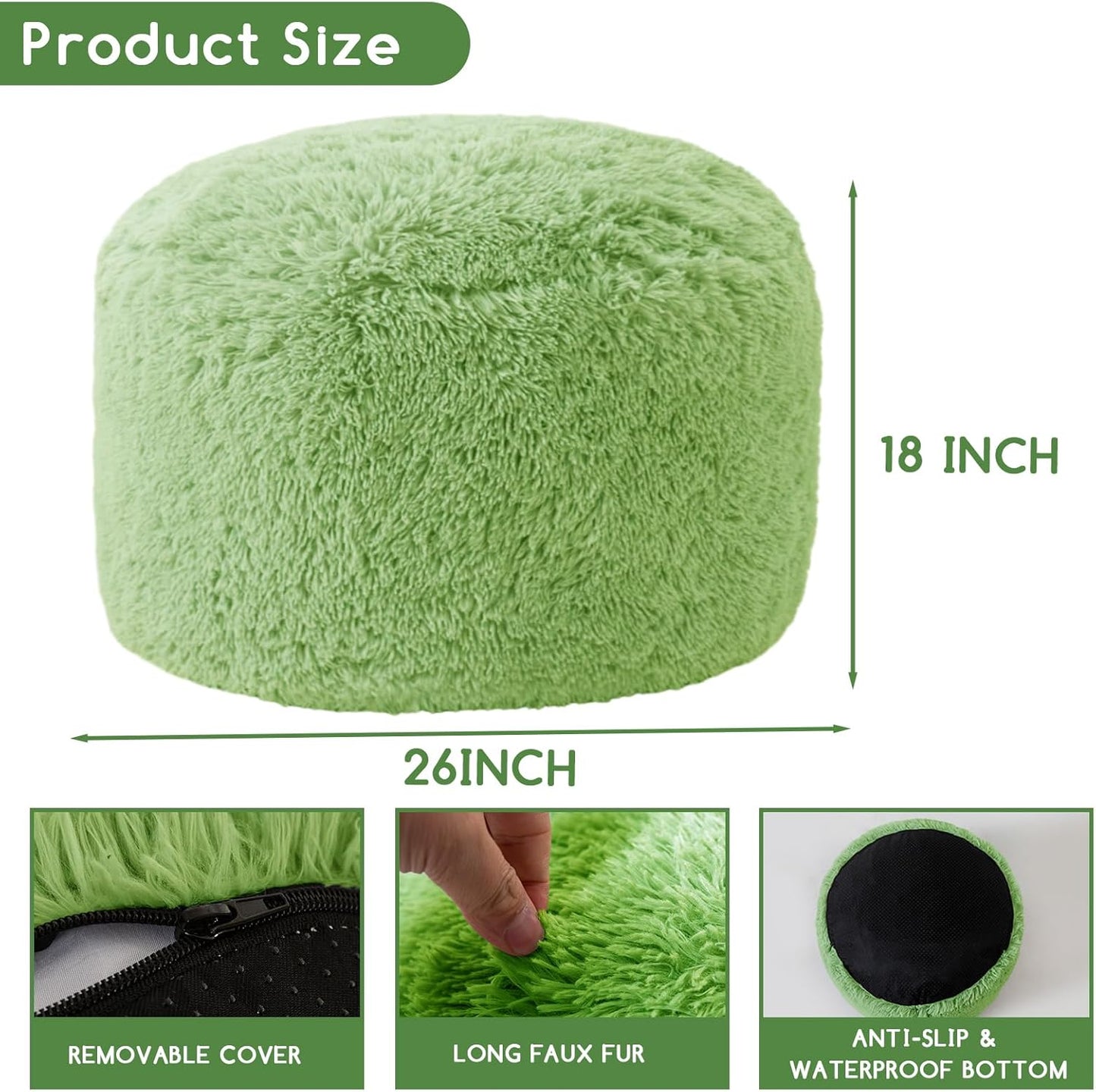 HIGOGOGO Round Stuffed Pouf Ottoman, Long Faux Fur Poufs with Foam Chunk Filling, Fluffy and Furry Pouf Foot Stool Storage Ottoman, 26 X 18 Floor Poufs Foot Rest for Living Room, Green