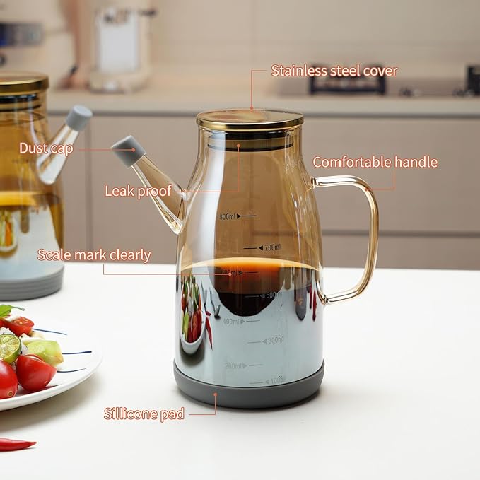 Large Glass Oil Dispenser Bottle for Kitchen Cooking Recipiente Para Aceite De Cocina Olive Oil Vinegar Dispenser Cruet Stainless Steel Lid No Drip Liquid Container (Champagne, 27oz / 800ml)