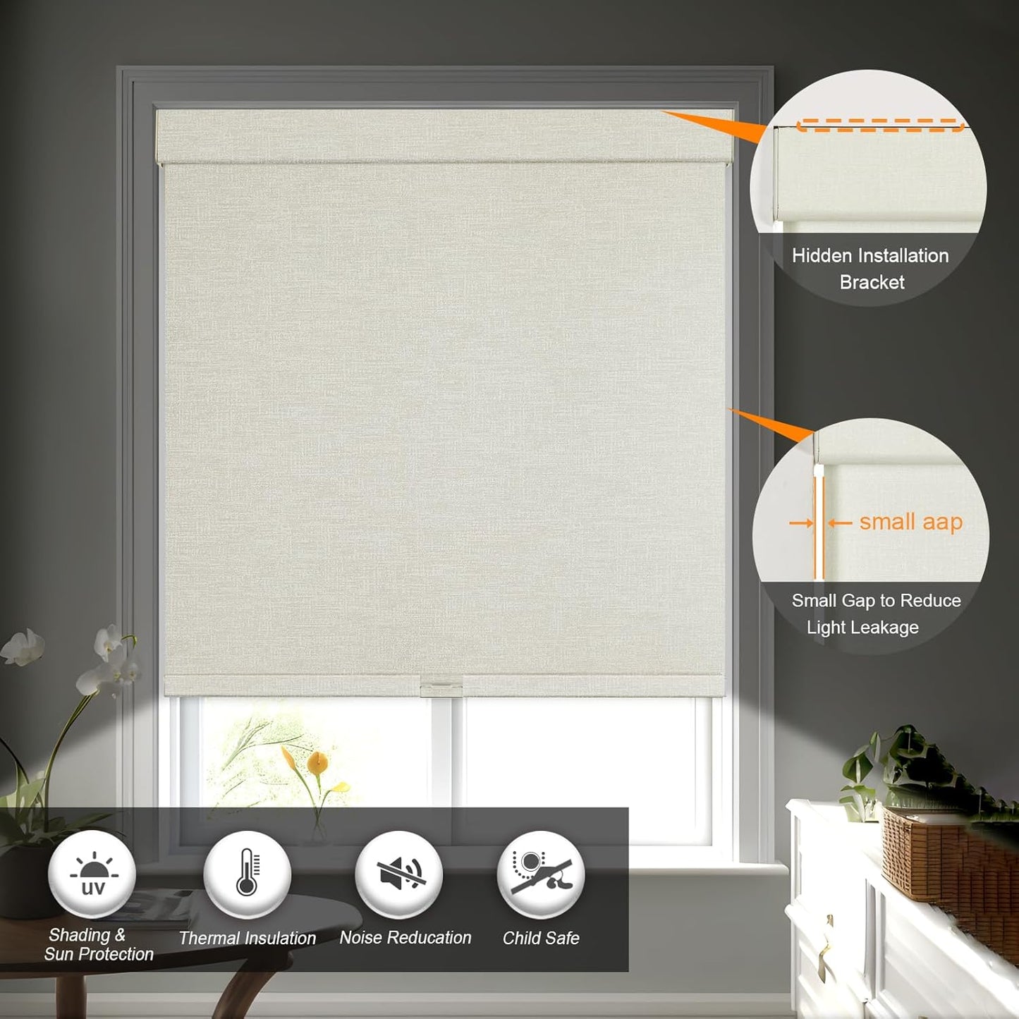 Persilux Blackout Shades for Windows Cordless Roller Blinds, Roller Windows Shades for Home with Fabric Attached Valance, UV Protections Easy Installation for Door/Office, Limestone(84.5" W x 56" H)