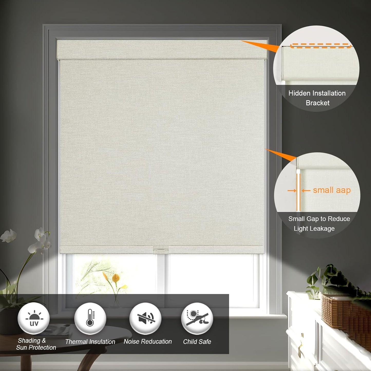 Persilux Blackout Shades for Windows Cordless Roller Blinds, Roller Windows Shades for Home with Fabric Attached Valance, UV Protections Easy Installation for Door/Office, Limestone(75" W x 64" H)