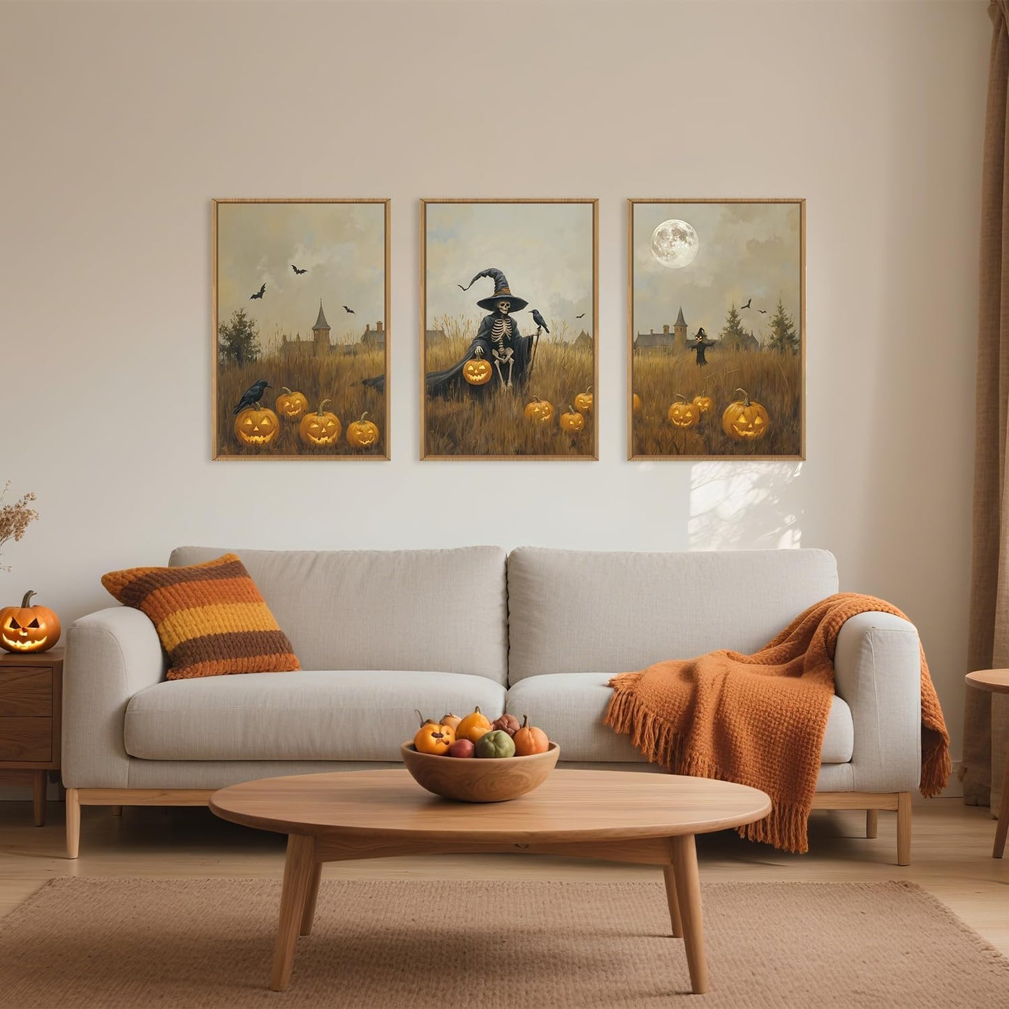 Celestdeco Halloween Ghost Reaper Framed Wall Art Set, Scary Witchy and Pumpkin Wall Decor, Horror Night Wall Painting, Full Moon Bats Art Prints for Living Room,Bedroom,Halloween Themed Party Decoration-16"×24"×3