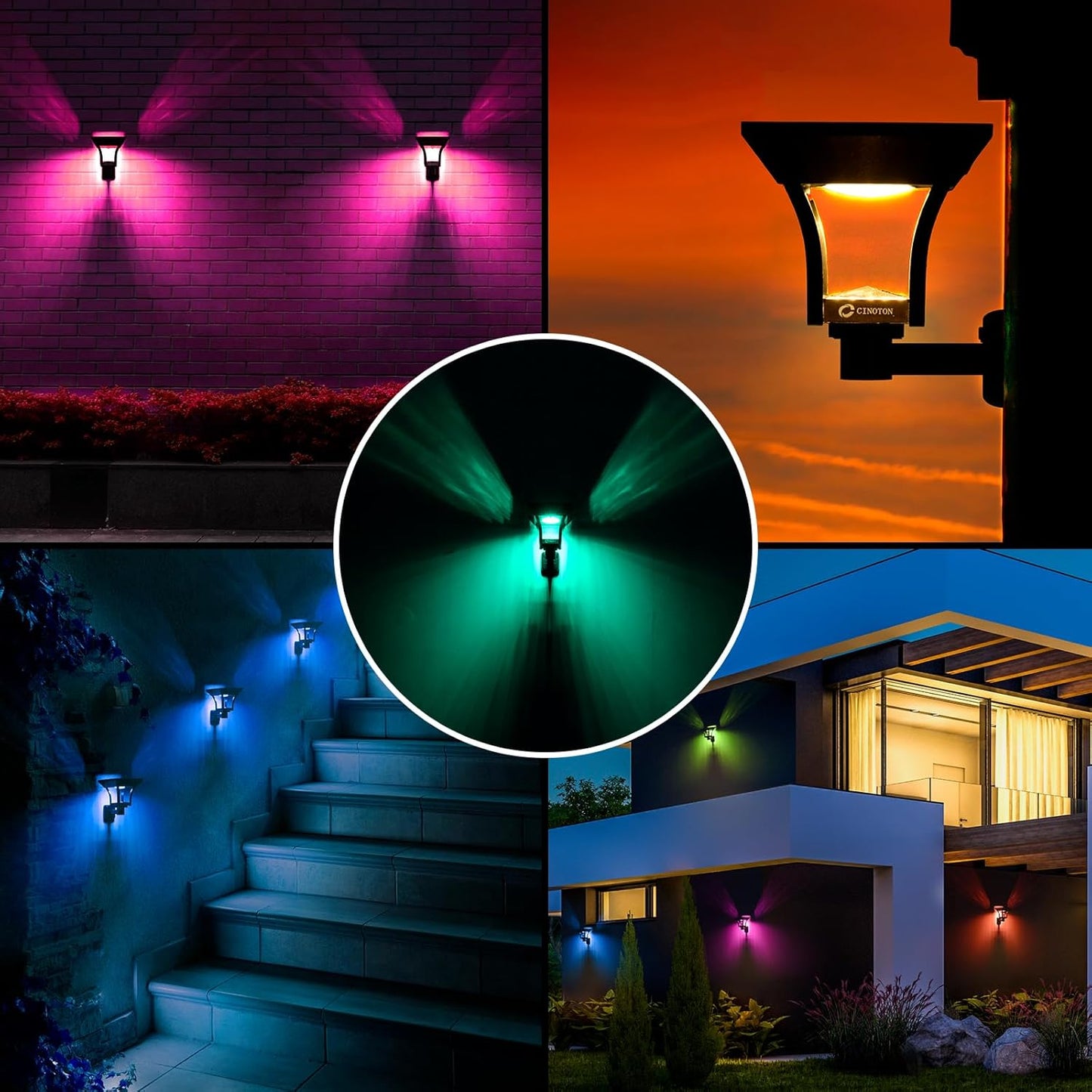 CINOTON RGBW Solar Landscape Pathway Outdoor Lights with 3 Lighting Modes, IP65 Waterproof LED Solar Powered Wall Lights for Garden Yard Lawn Path Driveway Pool Backyard Warm White & Multicolor 4 Pack