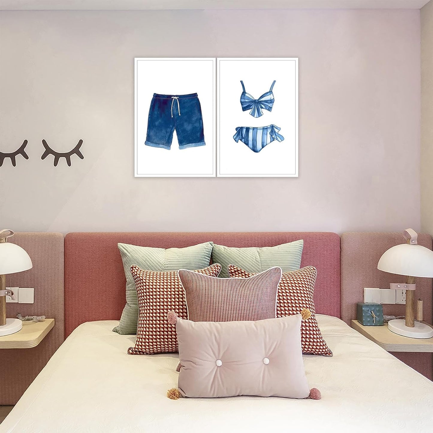 Liyark Set of 2 Retro Navy Blue And White Swimsuit Art Posters Beach Bathing Suit Prints Painting Beach House Wall Art Coastal Wall Decor Pictures For Bathroom Home Decoration 16x24in Unframed