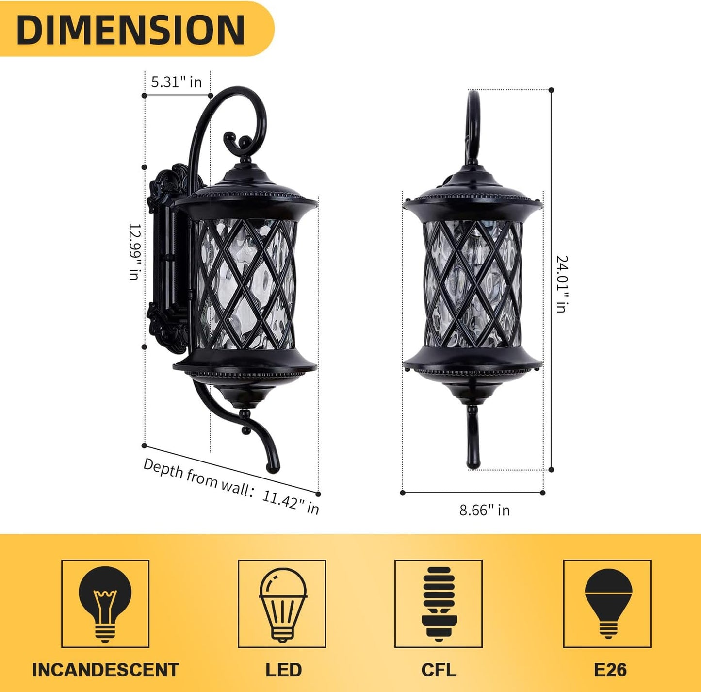 Retro Large Outdoor Wall Lanterns 24" Exterior Light Fixtures Coach Light Waterproof Aluminium with Water Glass Outside Wall Lamps for House Front Door Garage Porch Lighting, Black