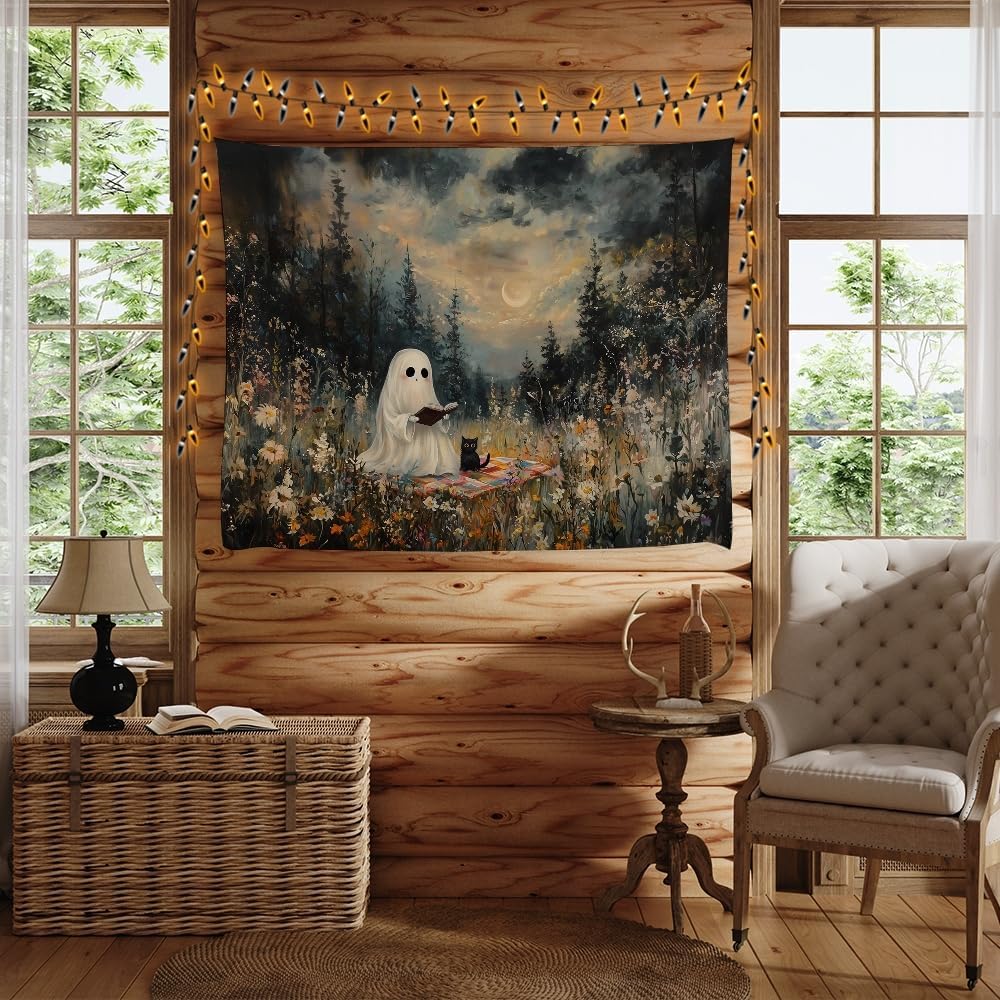 Halloween Ghost and Black Cat Tapestry Wall Hanging Spooky Ghos Reading Book in Wildflowers Wall Decor Halloween Witchy Room Aesthetic Tapestries for Goth Living Room Bedroom Decoration 70x90inch