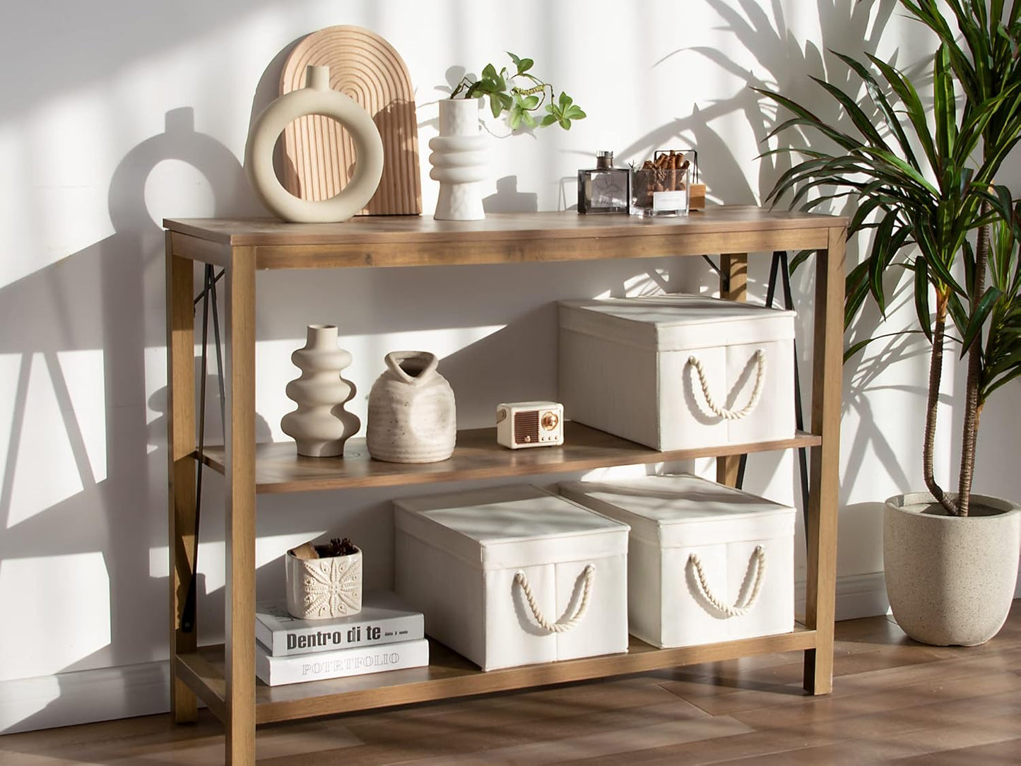 StorageWorks Large Storage Bins with Lids, Decorative Storage Boxes with Lid and Soft Rope Handles, Foldable Storage Baskets for Closet, Shelves, Stackable, Ivory and White, 3-Pack