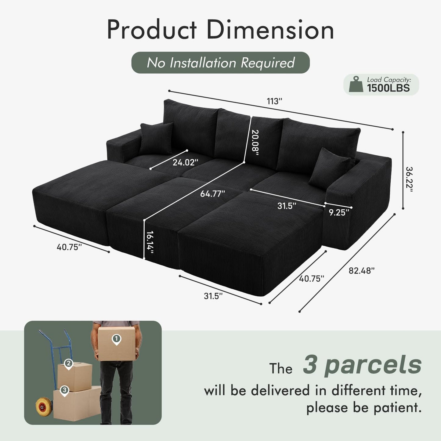 Boneless Sectional Cloud Couch Sofa Bed for Living Room, 112" Modular Modern Lounge 3 Seater Sleeper Black Couches with Chaise, No Assemble, Cordury Compression Upholstered Sofas