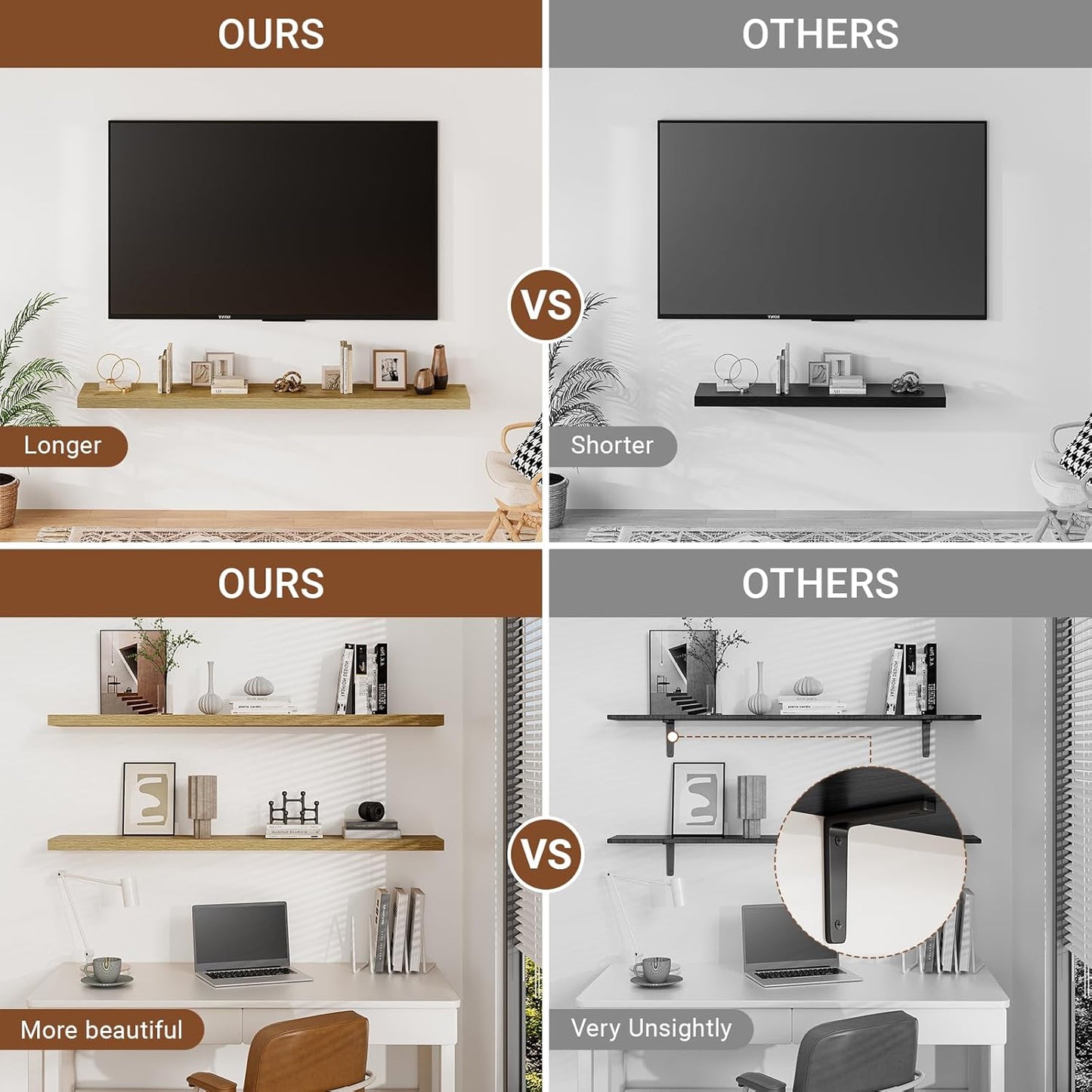 Heimlove 55 Inch Long Floating Shelves for Wall,9.3" Deep Oak Floating Shelves Set of 2,Large Display Shelf & Storage Shelf,Wall Mounted Shelves for Bedroom Living Room Kitchen Office