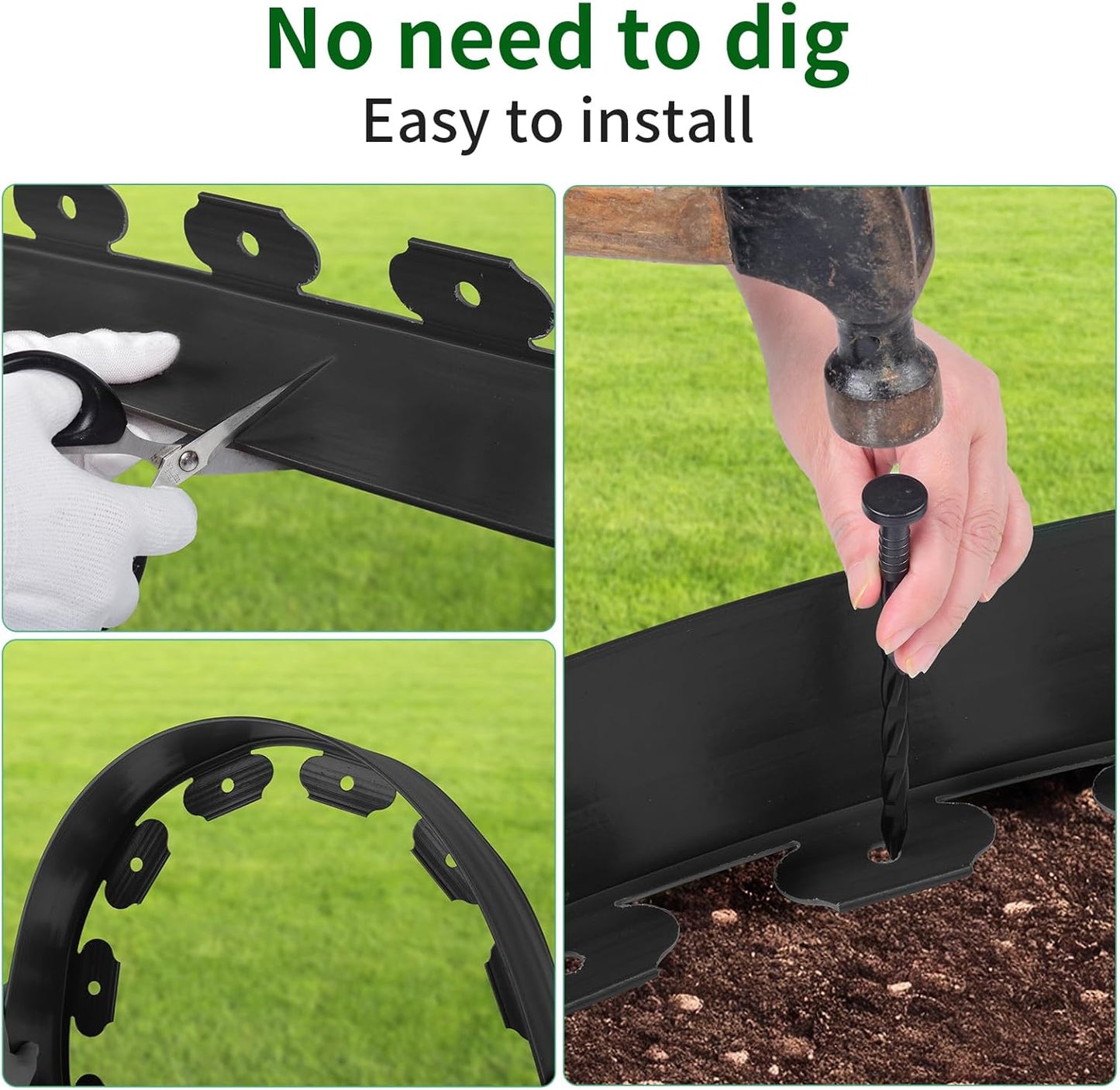 4 in x 164 Ft Garden Landscape Edging, No Dig Garden Edging Border Kit with 300 Pcs Spikes for Flower Bed Lawn Yard Grass Black