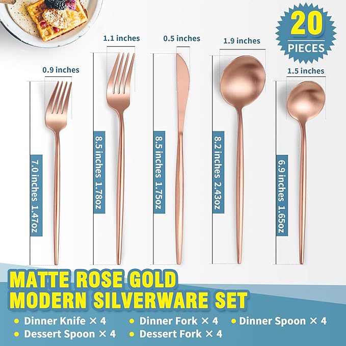 Matte Rose Gold Silverware Set for 4,Modern Stainless Steel Brushed Cutlery Set,20-Pieces Heavy Duty Flatware Set,Knives Spoons and Forks Set Utensils Set, Satin Finish, Dishwasher Safe