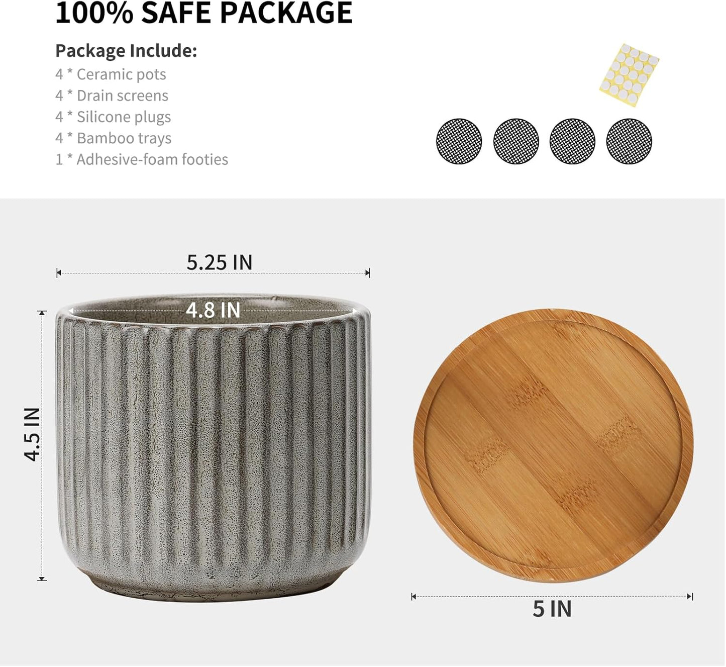 TAMAYKIM 5.25 Inch Ceramic Plant Pots with Drainage Holes and Saucers, Modern Flower Pots with Trays for Indoor Planters, Snake Plant, Succulent, Cactus and Herbs, Set of 4